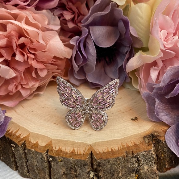 Sparkly Pink and Silver Crystal Butterfly Ring - Picture 2 of 13